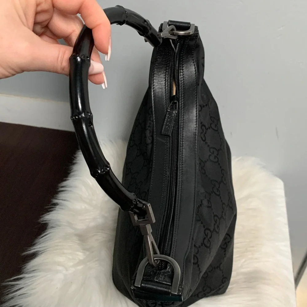 Authentic Gucci black leather and nylon jumbo GG hobo bag w bamboo handle